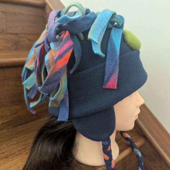 Blue Fleece Hat with Mohawk Fringe Ear Flaps & Chin Strap Sz M adult Youth L/XL - Picture 6 of 8